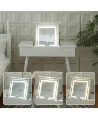 LED Vanity Desk with Mirror, Power Outlet, and Storage
