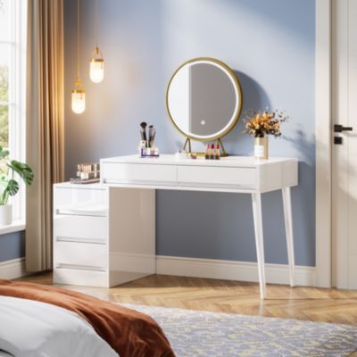 5-Drawer Wood Reversible Computer Desk – Modern Home Office Desk with Storage Drawers & Printer Stand, Vanity Writing Table