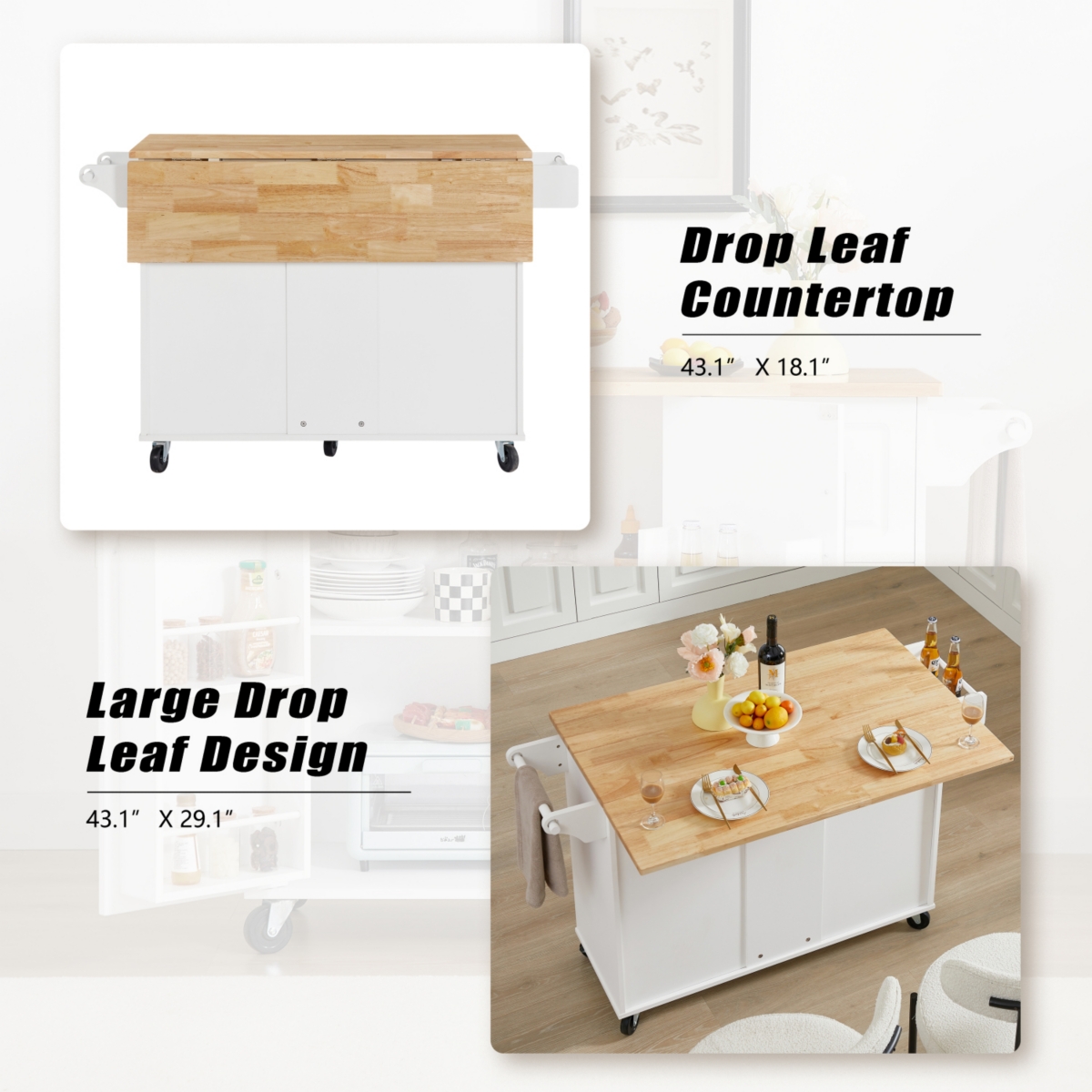 Versatile Kitchen Island: Drop Leaf, Rolling Cart, Storage, White