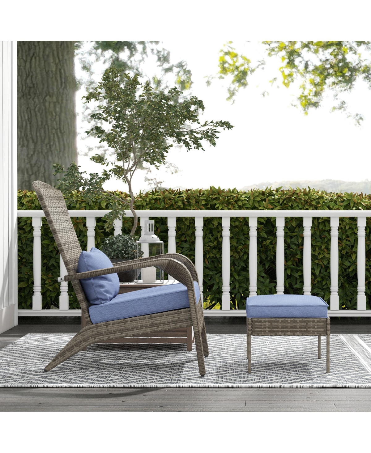 Wicker Adirondack Chair with Ottoman and Cushions for Outdoor Fire Pit