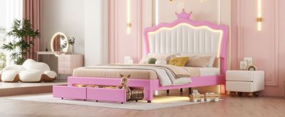  Princess Crown Bed with LED Lights and Drawers
