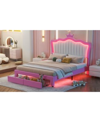  Princess Crown Bed with LED Lights and Drawers