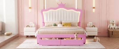  Princess Crown Bed with LED Lights and Drawers
