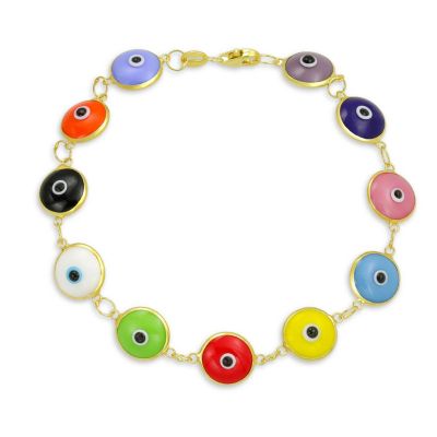 Protection Good Luck Amulet Turkish Glass Bead Evil Eye Bracelet Yellow Gold Plated Sterling Silver Multicolor