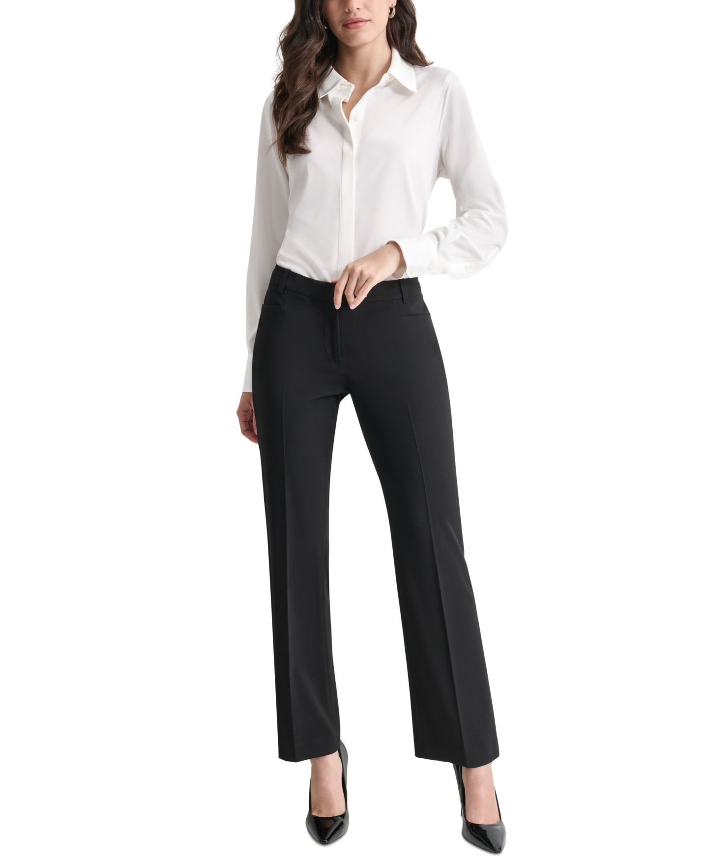 Женские брюки DKNY Petite Modern-Fit Mid-Rise Wide-Leg, цвет: Чёрный — фото 1