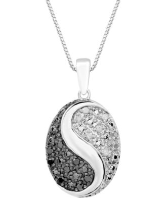 Macy's - Black & White Diamond Yin Yang Oval 18" Pendant Necklace (1/6 ct. t.w.) in Sterling Silver