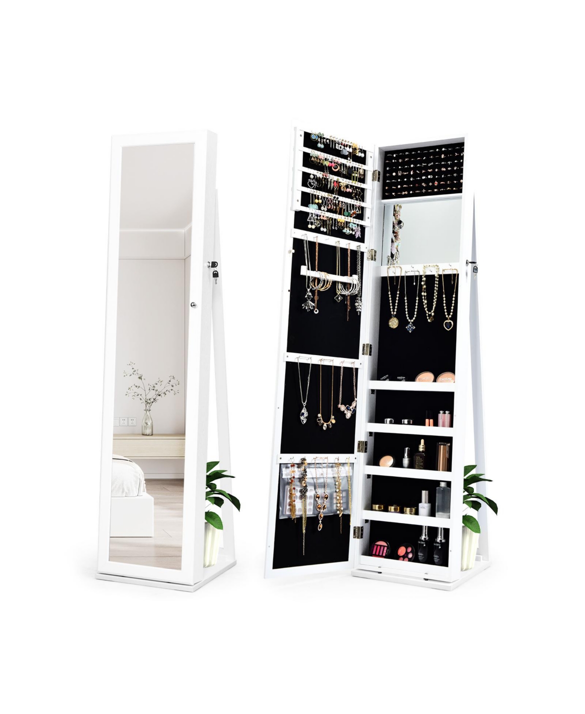 Standing Lockable Jewelry Storage Organizer with Full-Length Mirror-White - White