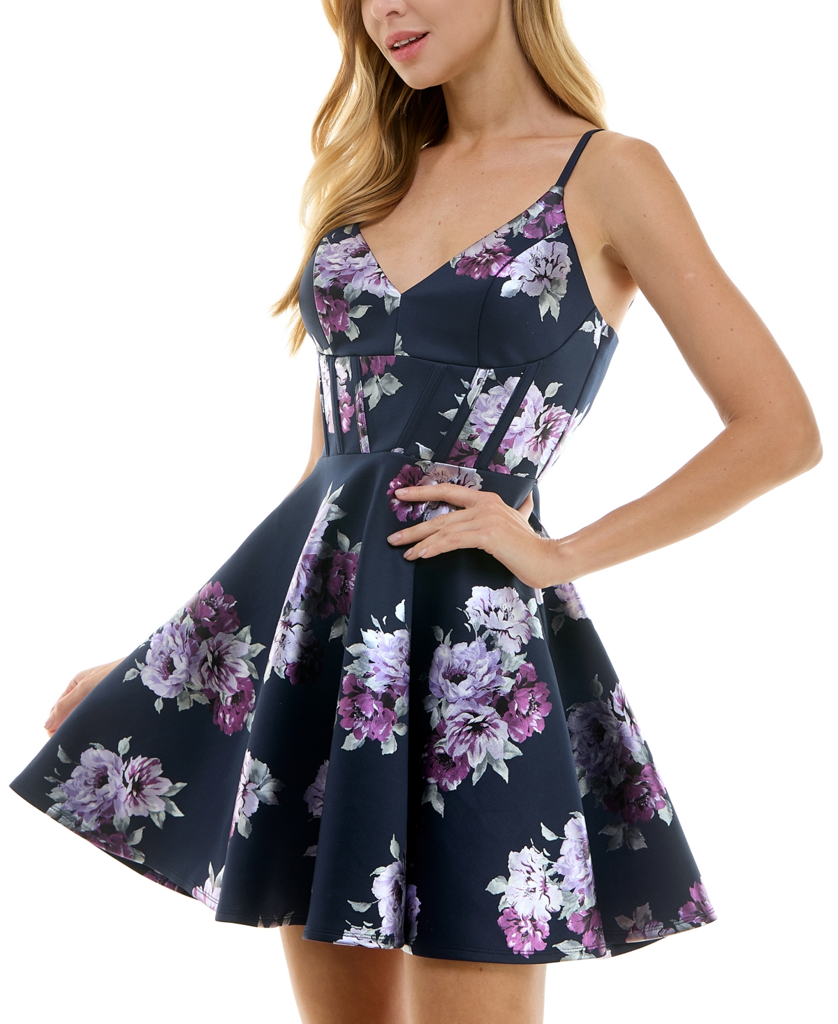 City Studios Juniors' Foil Floral Print Sleeveless Fit & Flare Dress -purpl