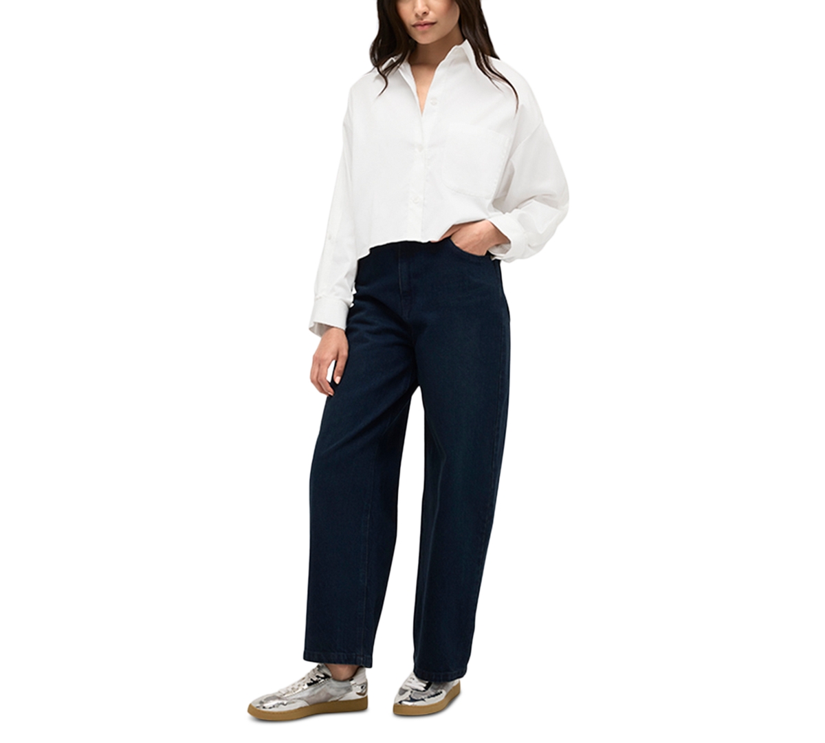 KENNETH COLE WOMEN'S SATIN STRIPED CROPPED BOYFRIEND SHIRT 
