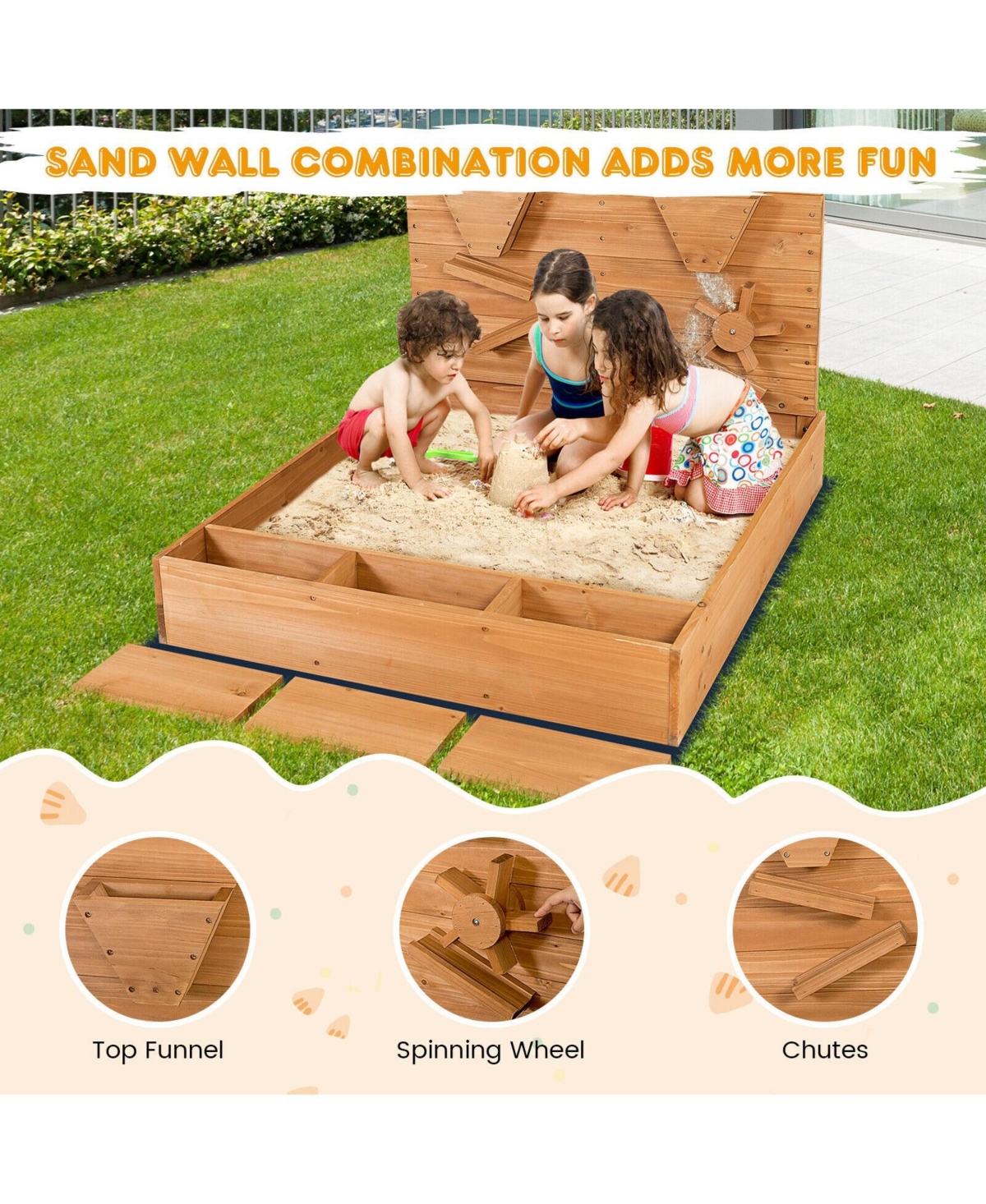 Kids Wooden Square Sandbox with Cover