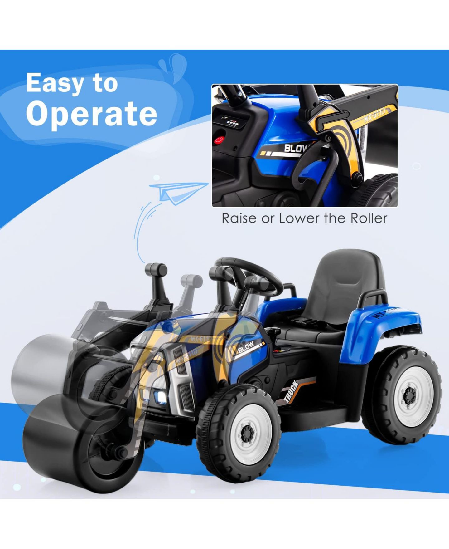 Детская игрушка VEBREDA 12V Steel Road Roller with 2.4G Remote Control Ride-On, Ages 3+, цвет: Синий — фото 4
