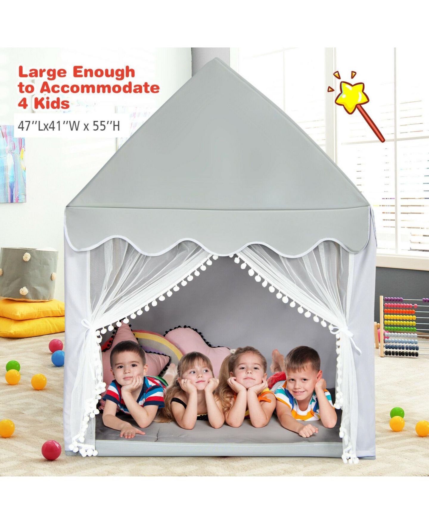 Детские игрушки VEBREDA Fairy Castle Solid Wood Frame Play Tent, 2-Piece Set, Ages 3+, цвет: Серый — фото 8