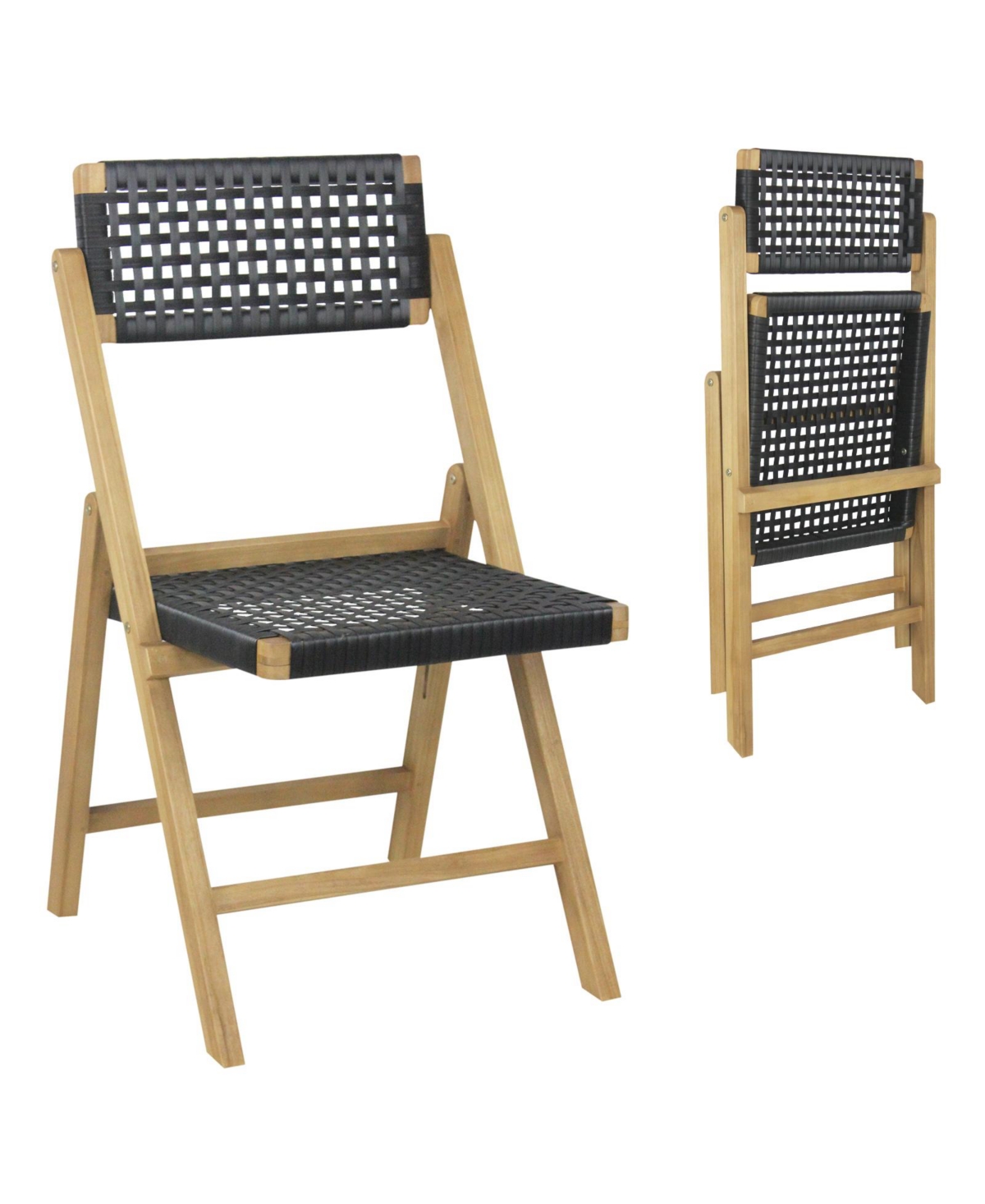 Sugift Set of 2 Folding Chairs Indonesia Teak Wood Dining Chairs with Woven Rope Seat and Back