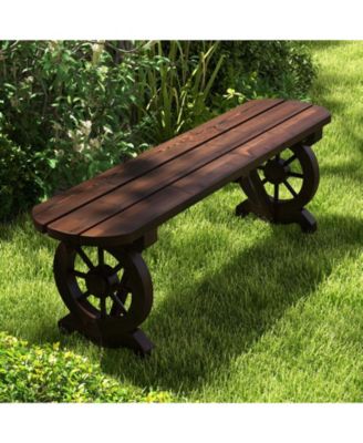 Patio Rustic Wood Bench with Wagon Wheel Base