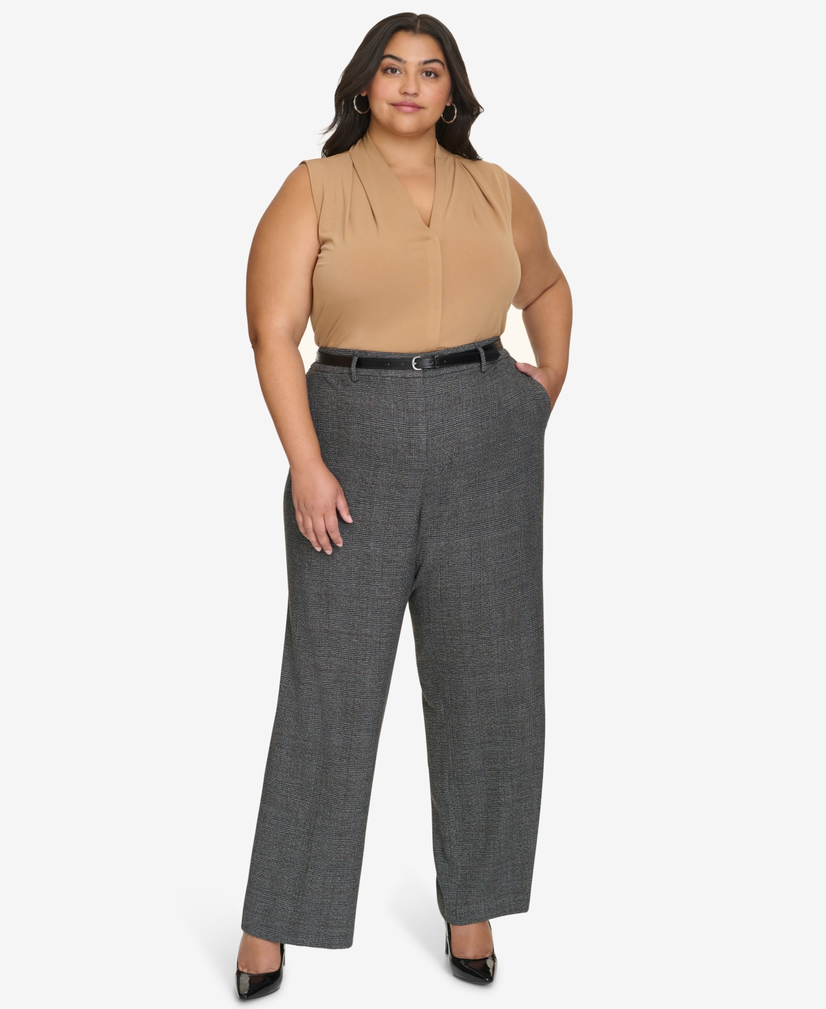 Calvin Klein Plus Size High-Rise Belted Wide-Leg Pants