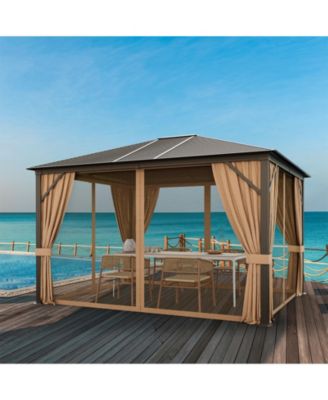 12 x10 Feet Outdoor Hardtop Gazebo with Galvanized Steel Top and Netting-Brown