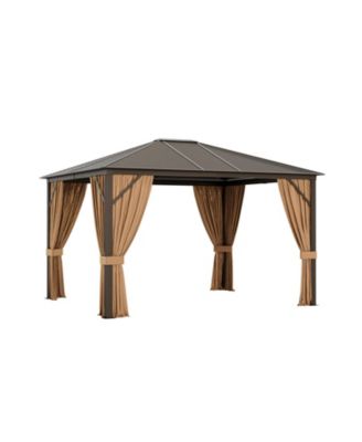 12 x10 Feet Outdoor Hardtop Gazebo with Galvanized Steel Top and Netting-Brown