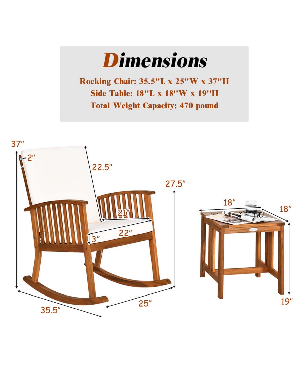 Costway 3 Pieces Acacia Wood Rocking Bistro Set with Coffee Table and Cushions for Lawn