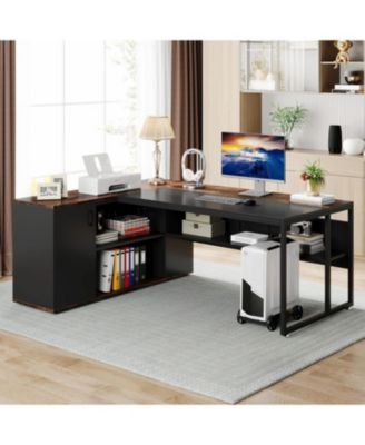 71 inch Executive Desk, L Shaped Desk with Cabinet Storage, Executive Office Desk with Shelves for Home Office