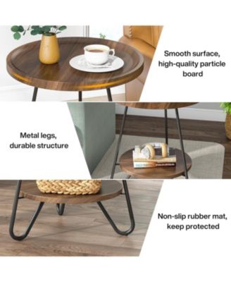 Round Side Table, 2-Tier End Table with Metal Legs, Modern Industrial Beside Table, Small Accent Table Snack Table for Living Room, Bedroom, Small Space, Easy Assembly