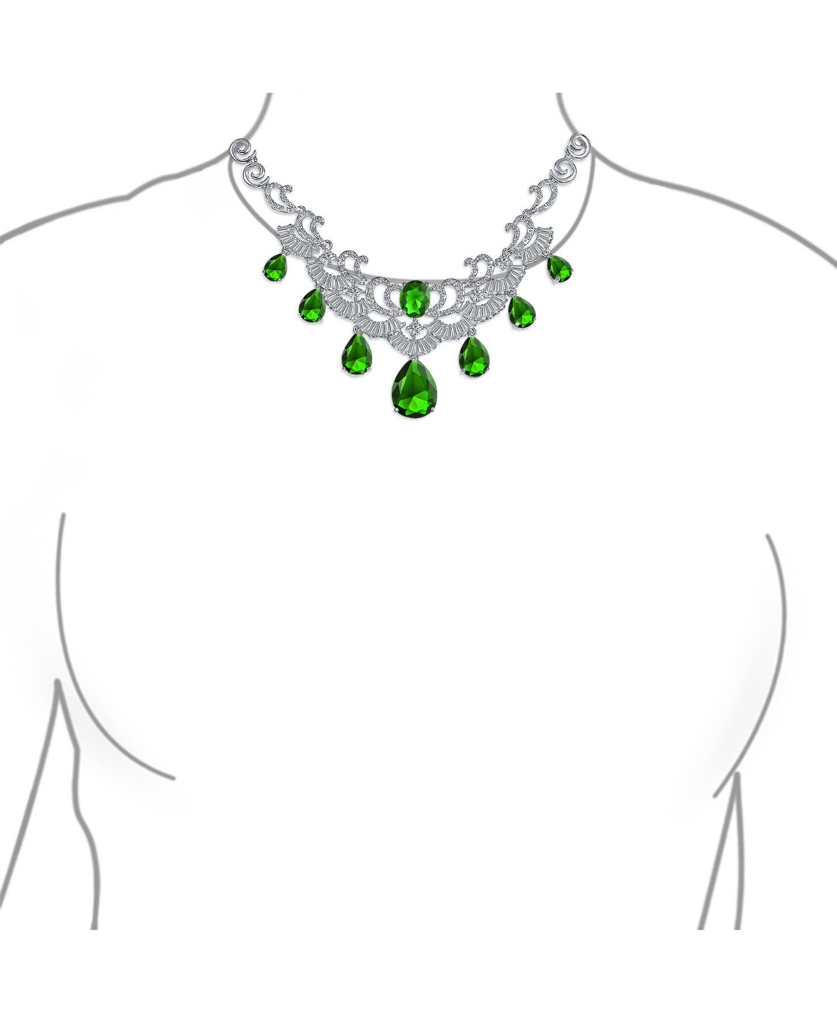 Bling Jewelry Estate Jewelry Art Deco Style Baguette Cz Green Green Large Dangling Teardrops Bib Statement Collar Necklace For Women