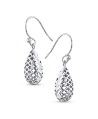 Basket Weave Puffed Pear Shaped Rain Drop Teardrop Earrings Fishhook Sterling Silver 1.2 Inch