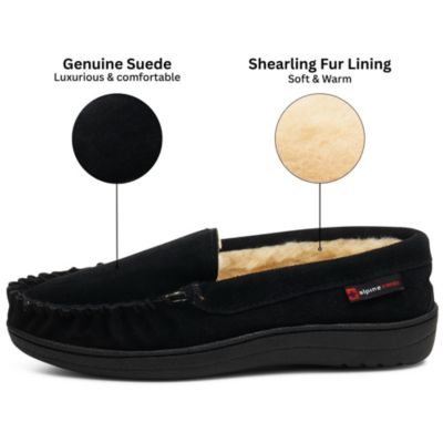 Men's Moccasin Slippers Genuine Suede House Shoe Memory Foam Insole Plush Faux Shearling Lining Comfy Indoor Outdoor Anti-Slip Rubber Sole