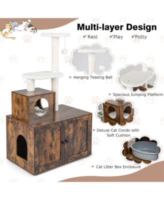 2-in-1 Wooden Litter Box Enclosure with Cat Tree Hidden Washroom Furniture
