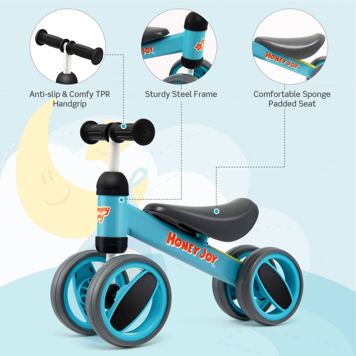 Детская игрушка Costway Baby Balance Bike 4-Wheel Lightweight Steel, Ages 1-2 Years, цвет: Синий — фото 6