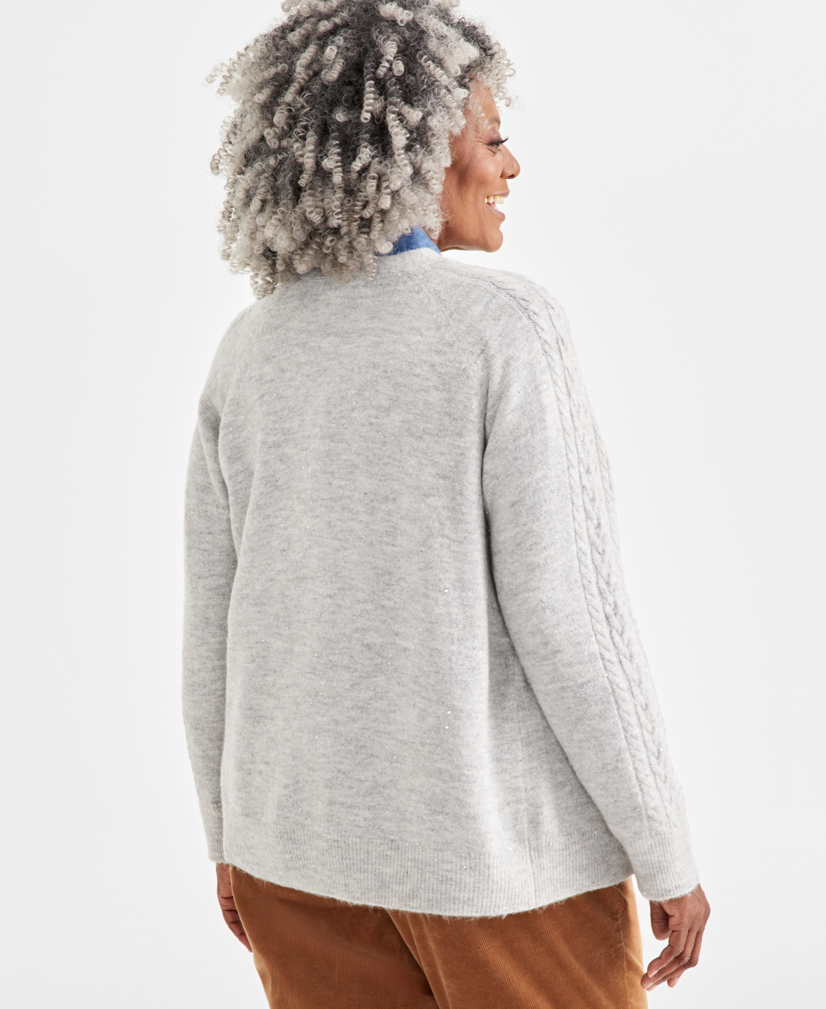Style & Co Plus Size Shimmer Sequin Cable-knit Cardigan, Created For Macy's In Earl Grey Heather