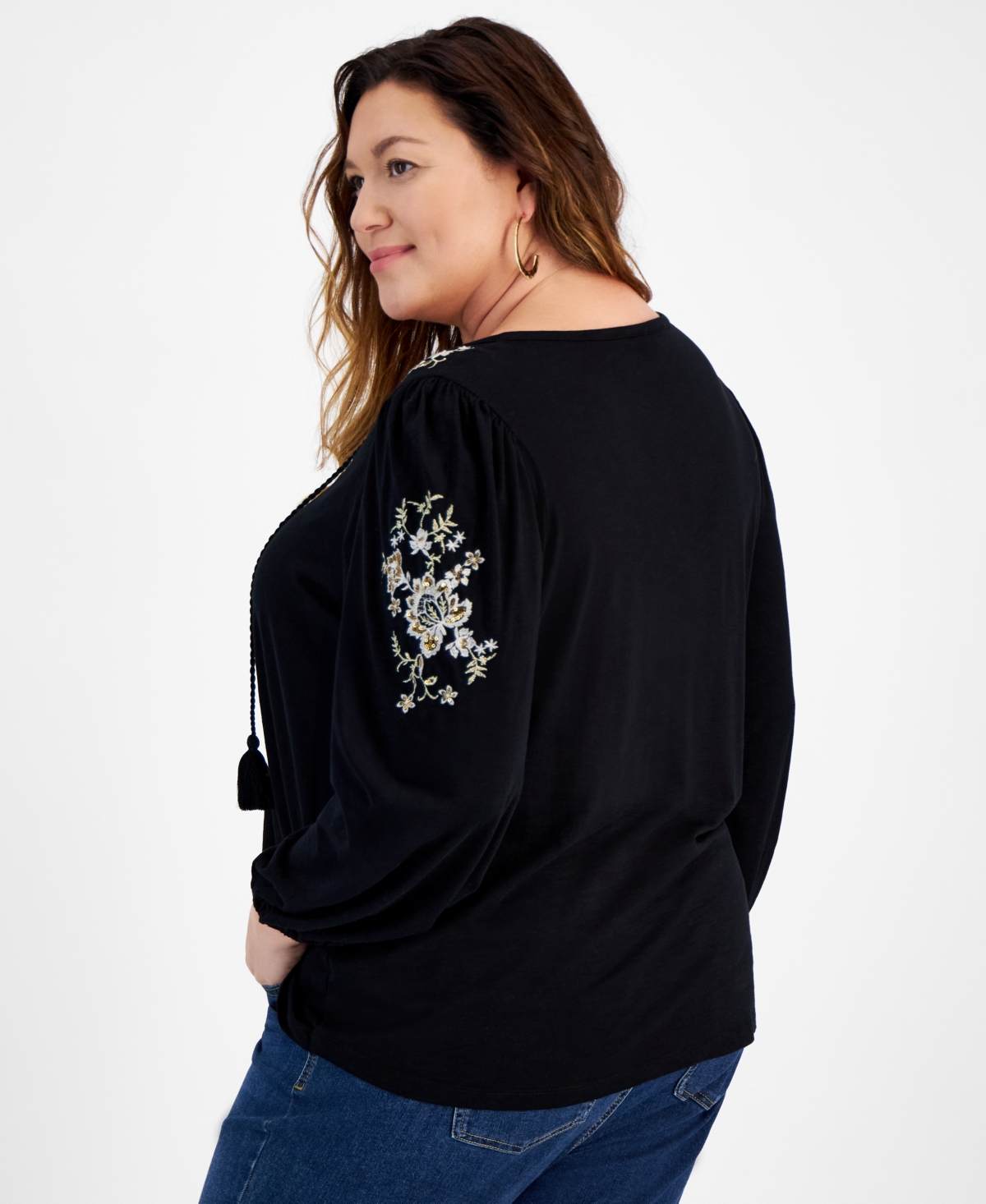 Style & Co Plus Size Embroidered Tie-neck Knit Top, Created For Macy's In Emb Black