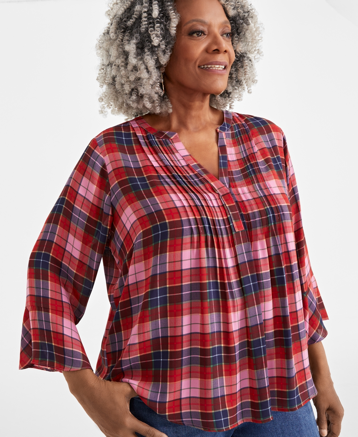 Style & Co Plus Size Printed V-Neck Pintuck 3/4-Sleeve Top, Created for Macy's