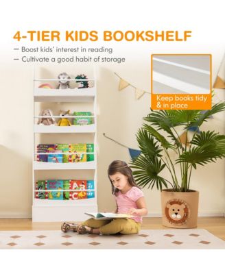 4-Tier Kids Bookshelf Toy Storage Bookcase Rack Wall w/ Anti-toppling Kits Grey