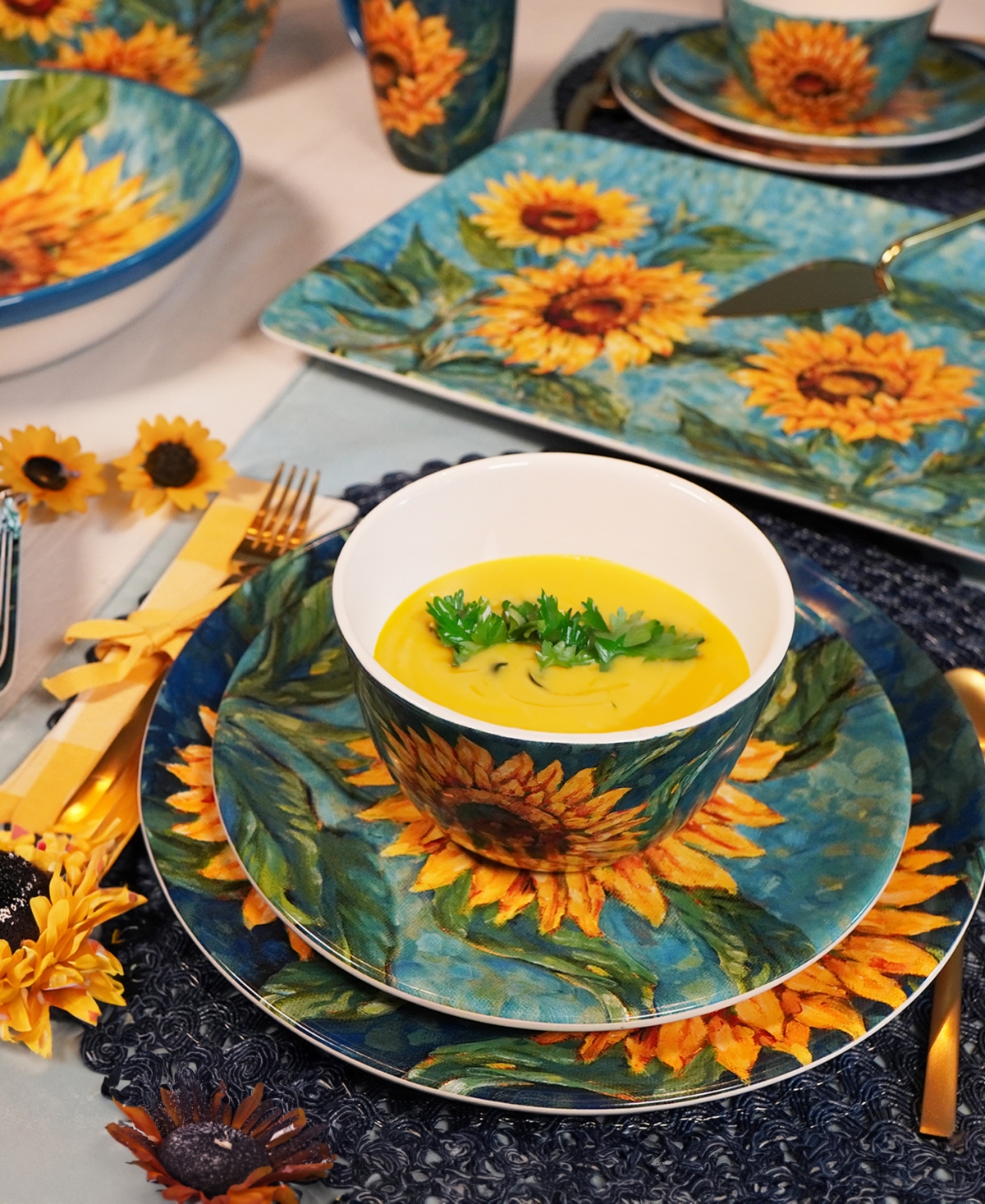 Certified International Golden Sunflowers 16pc Dinnerware Set, Service For 4 In Miscellaneous