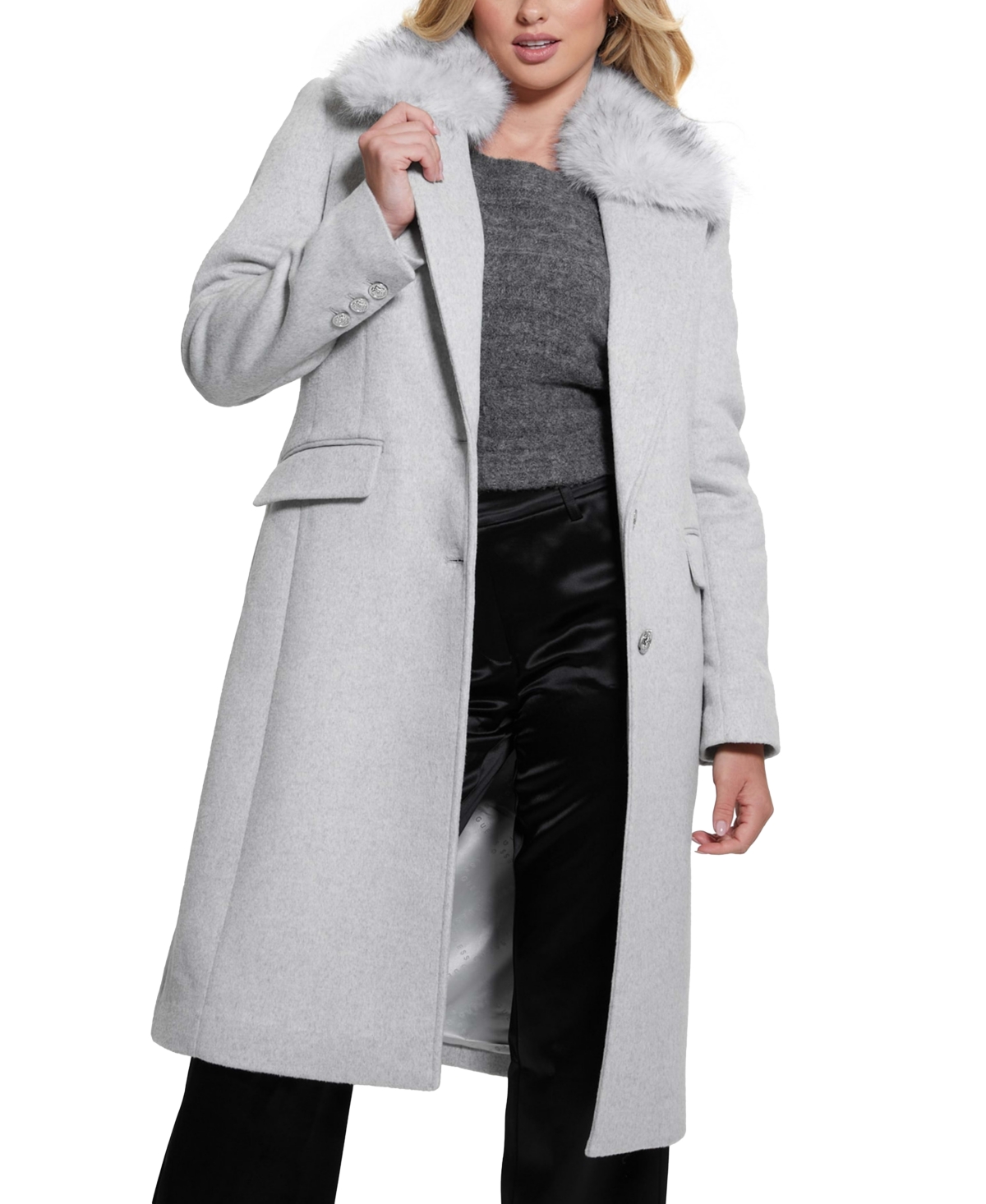 Shop Guess Women's Nancy Faux-fur-collar Long Coat In Grey