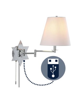 David 18.5" 1-Light Modern French Country Swing Arm Plug-In or Hardwired Iron LED Star Wall Sconce with Pull-Chain and USB Charging Port