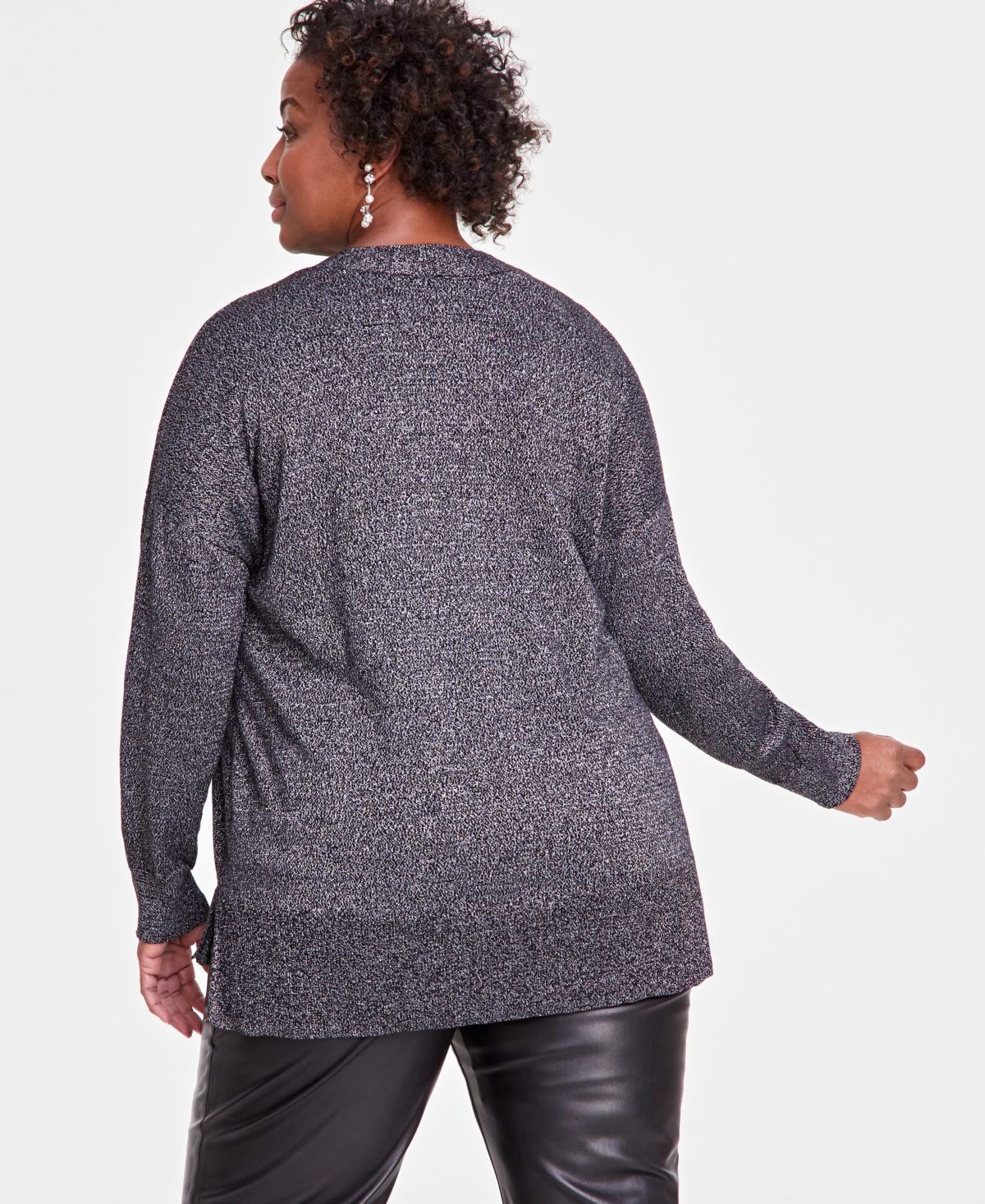 INC INTERNATIONAL CONCEPTS PLUS SIZE METALLIC-KNIT V-NECK SWEATER, CREATED FOR MACY'S 