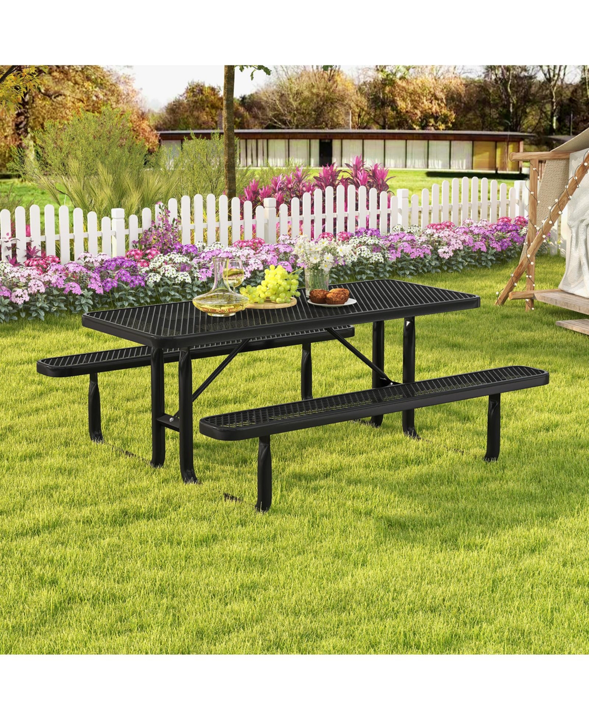 Sugift Outdoor Picnic Table and Bench Set for 8 Person with Seats and Mesh Grid