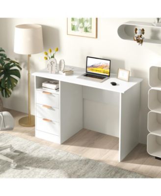Home Office Desk with Power Outlet 3 Storage Drawers and Open Compartment-White