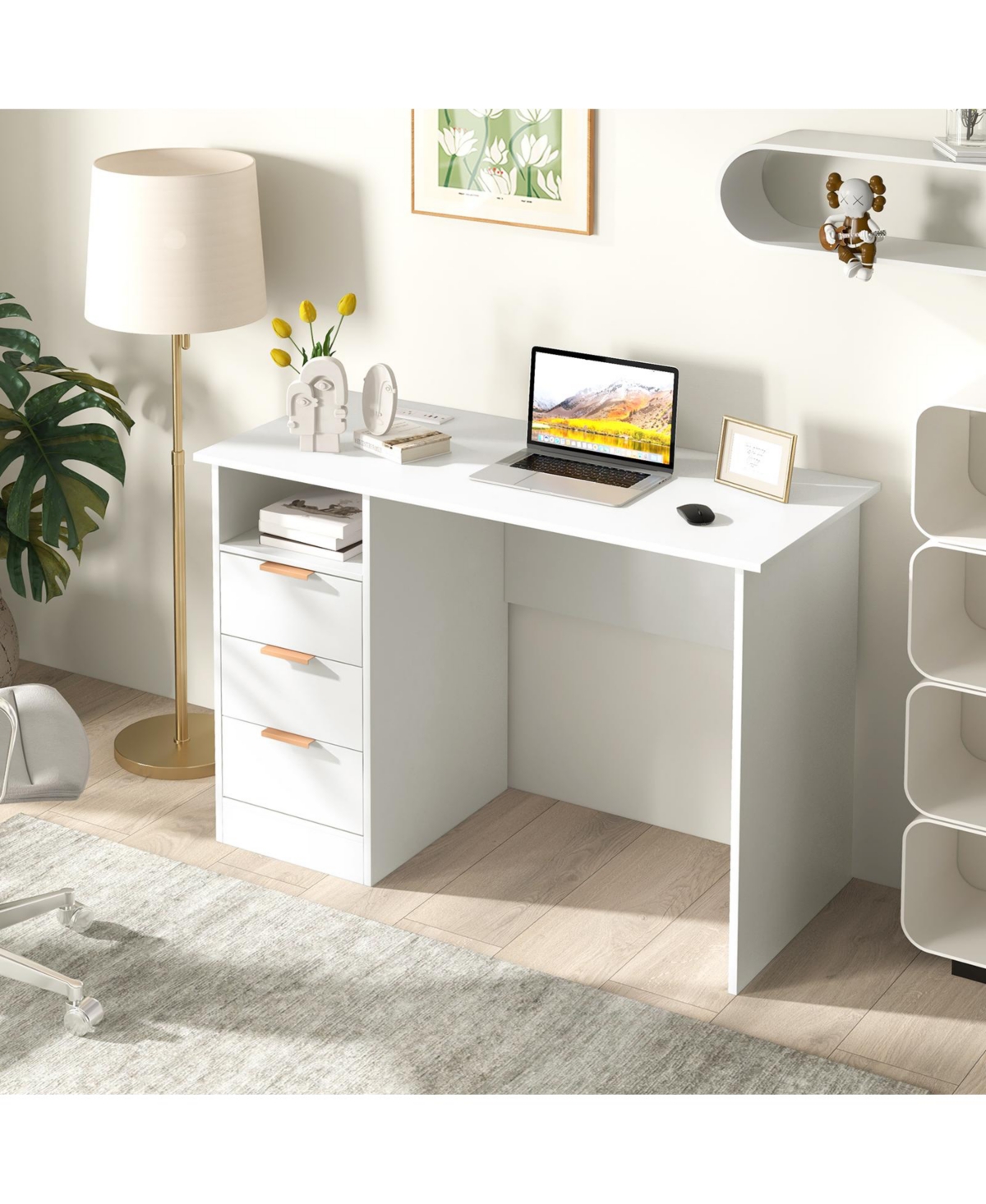 Home Office Desk with Power Outlet 3 Storage Drawers and Open Compartment-White