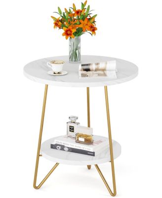 Faux Marble End Table, 2 Tier Round Side Table with Shelves, Modern Gold Nightstand Bedside Table Small Coffee Accent Table for Living Room Bedroom, White and Gold