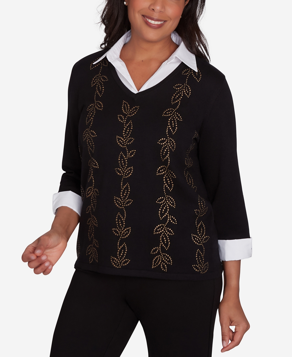Alfred Dunner Petite Rue Rivoli Beaded Embroidered Cozy Two in One Top