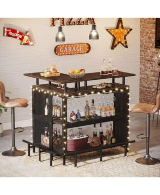 Home Bar Unit, L-Shaped Bar Table with Stemware Racks and 2-Tier Shelves, Corner Mini Coffee Liquor Cabinet with Footrest for Home/Kitchen/Pub, Rustic Brown