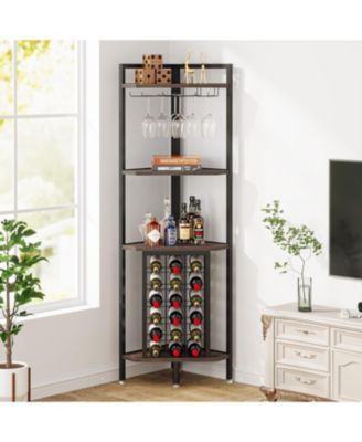 Corner Wine Rack with Glass Holder and Storage Shelves, 4 Tier Corner Bar Corner Wine Cabinet, Industrial Corner Wine Shelf for Living Room, Small Space (Brown)