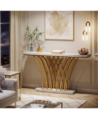 Modern Gold Console Table with Grid-Shaped Metal Base and 59-Inch Faux Marble Top for Entryway, Hallway or Living Room