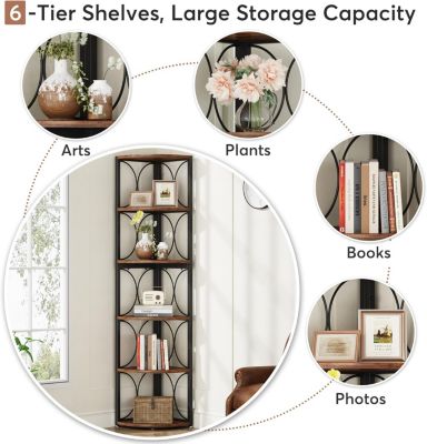 Tall Corner Shelf, 6 Tier Rustic Corner Bookshelf Bookcase Storage Rack Standing Shelving Unit