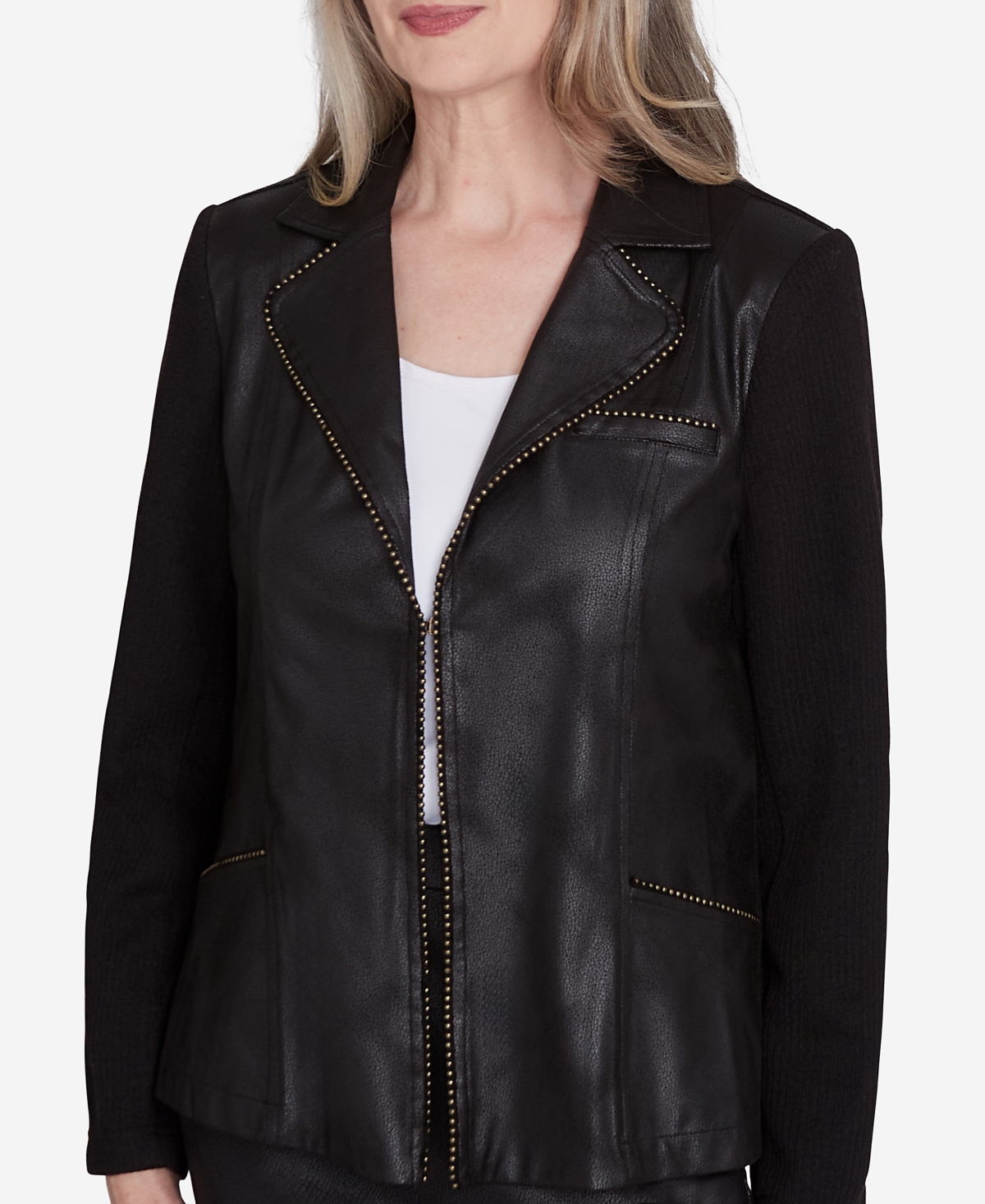 Alfred Dunner Petite Rue Rivoli Faux Leather Jacket with Knit Sleeves