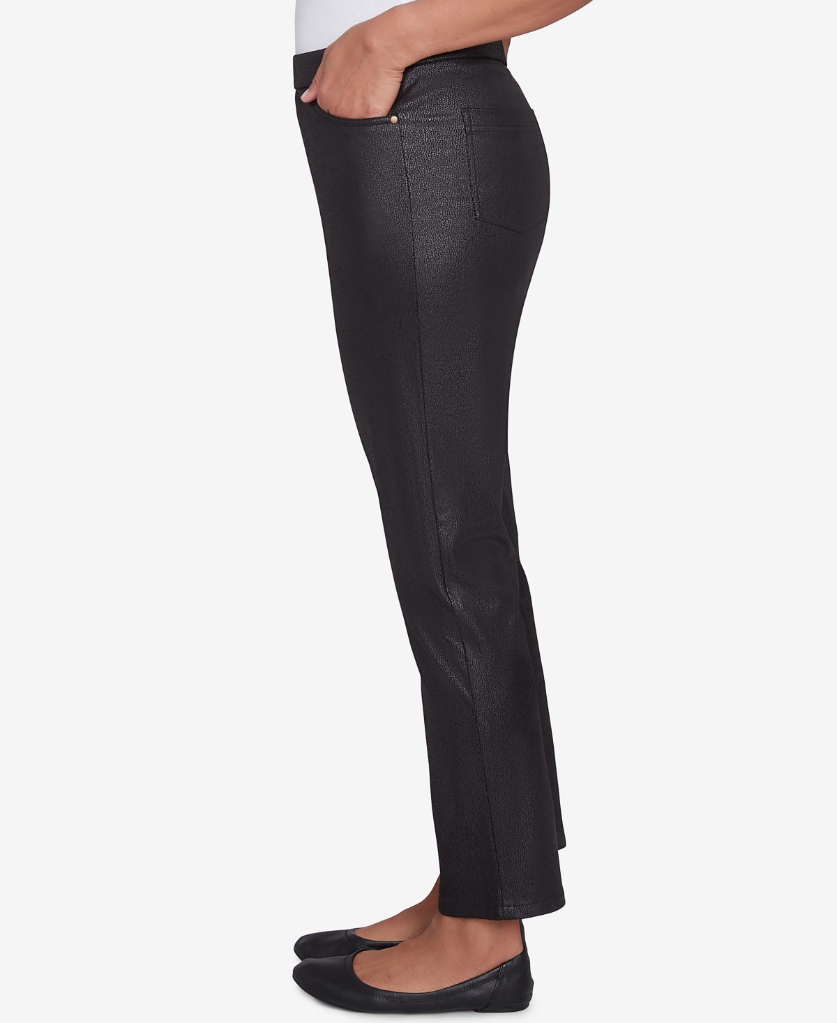 Alfred Dunner Women's Rue Rivoli Faux Leather Flat Elastic Waist Medium Length Pants In Black
