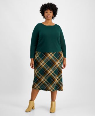Connected - Plus Size Sweater-Top Plaid-Skirt Dress