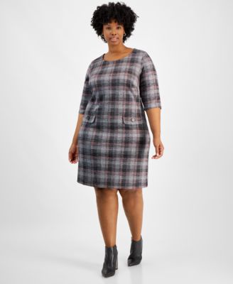 Connected - Plus Size 3/4-Sleeve Plaid Sheath Dress